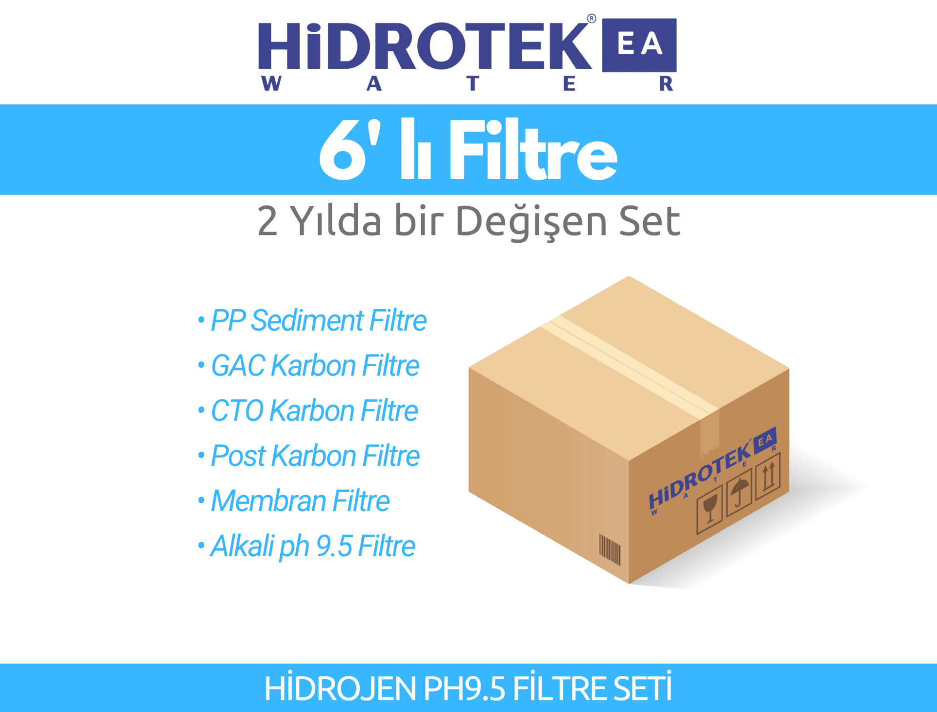 Hidrotek EA Water Hidrojen pH 9,5 Su Arıtma Cihazı 2. Yıl Değişecek Filtre Seti