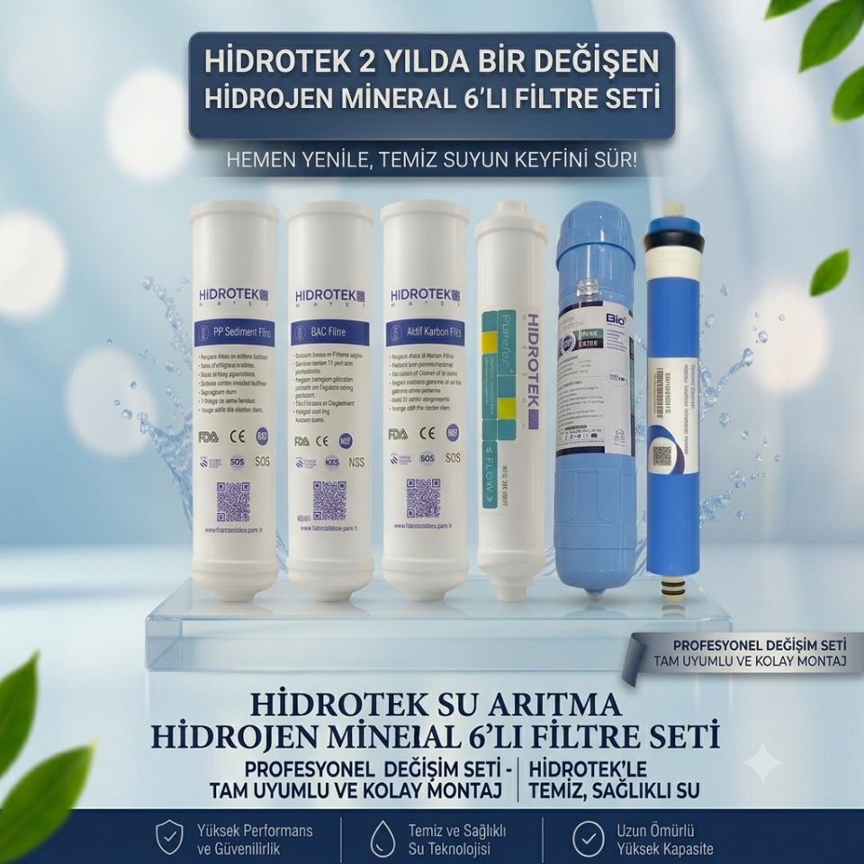Hidrotek EA Water Hidrojen pH 9,5 Su Arıtma Cihazı 2. Yıl Değişecek Filtre Seti
